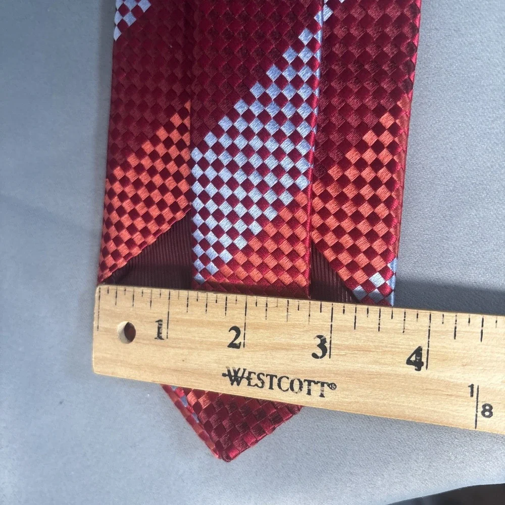 Villa Bolgheri Italy Mens Silk Tie Red Orange Silver Geometric Checkered Stripe